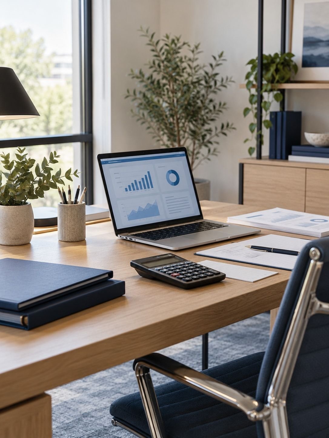 An organized accounting desk with a calculator, folders and laptop