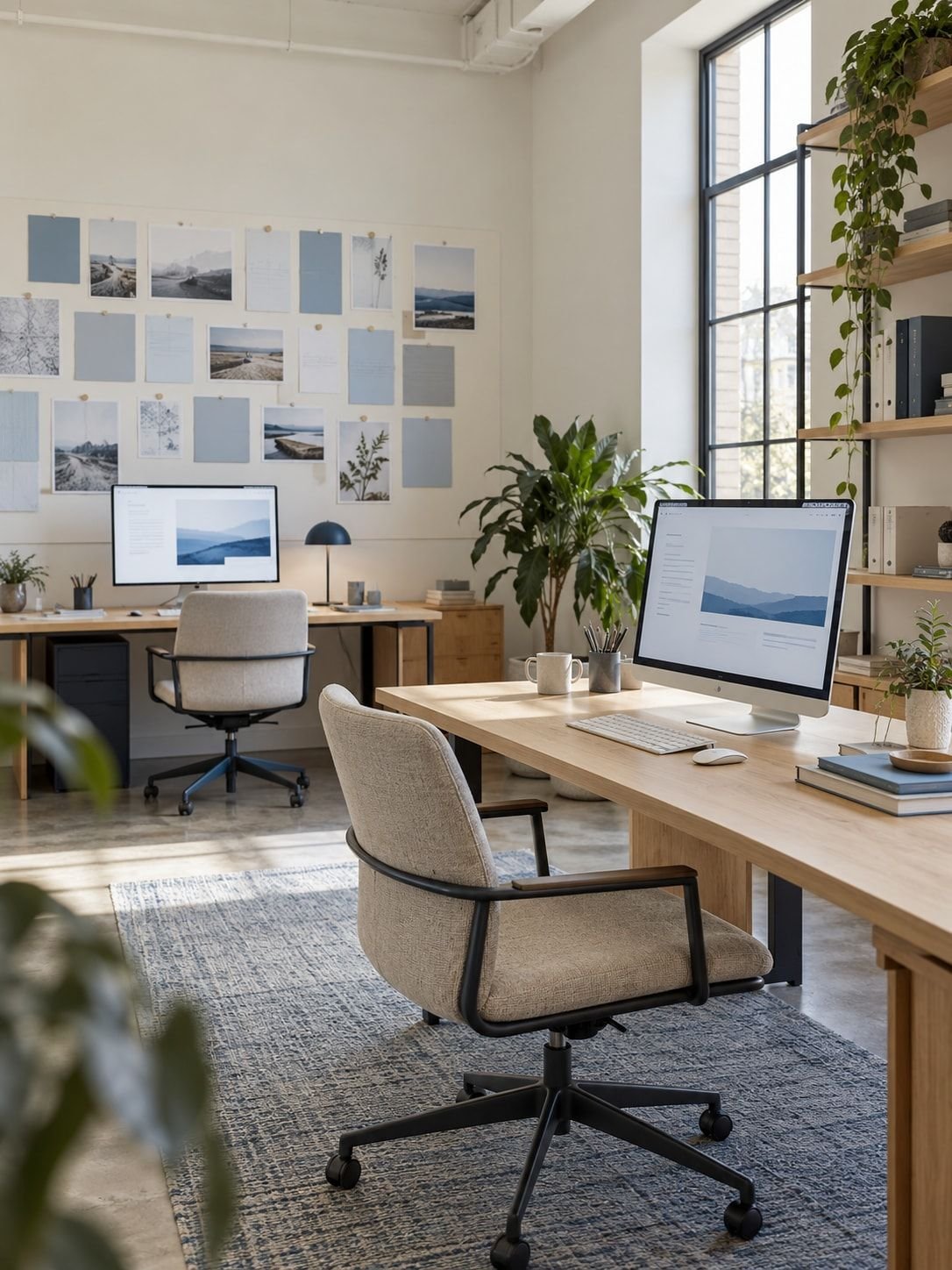 Quiet agency studio with project notes and organized workstations