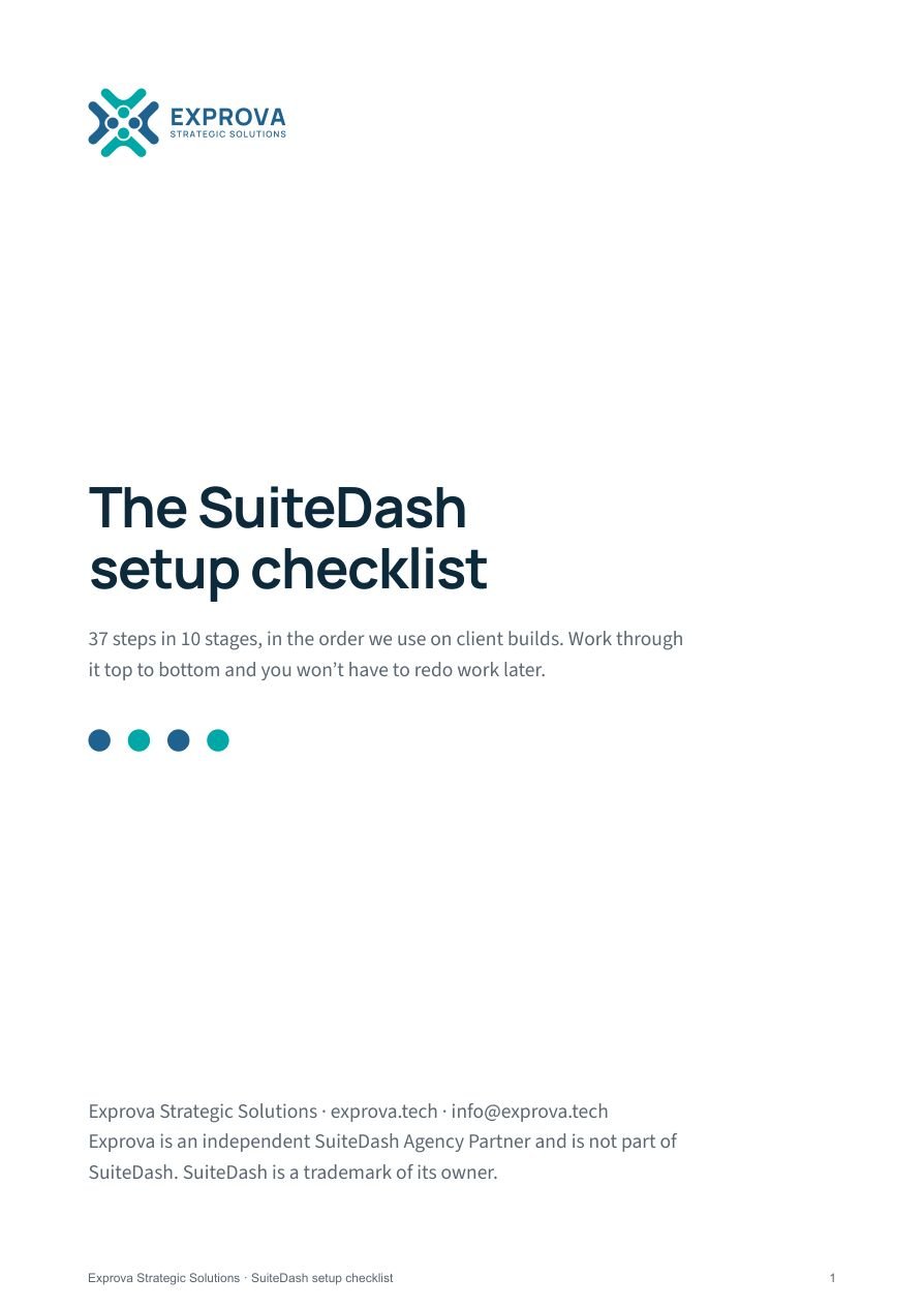 Cover of the Exprova SuiteDash setup checklist: 37 steps in 10 stages