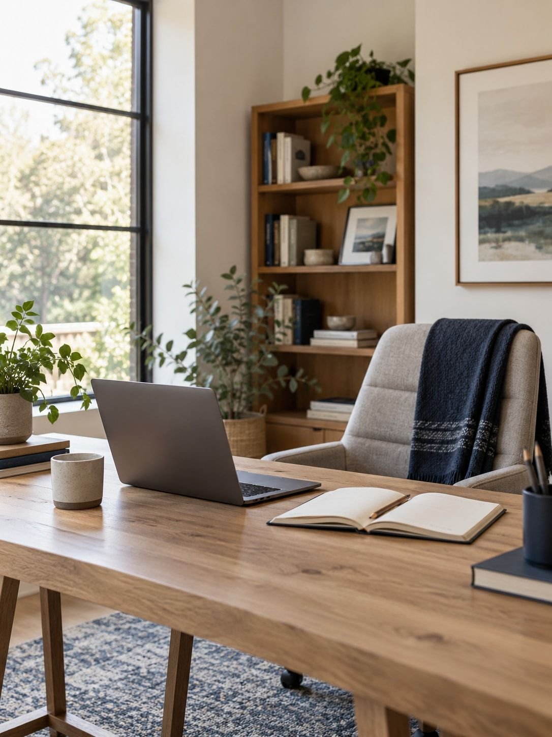 A coaching workspace with a laptop and notebook in soft daylight