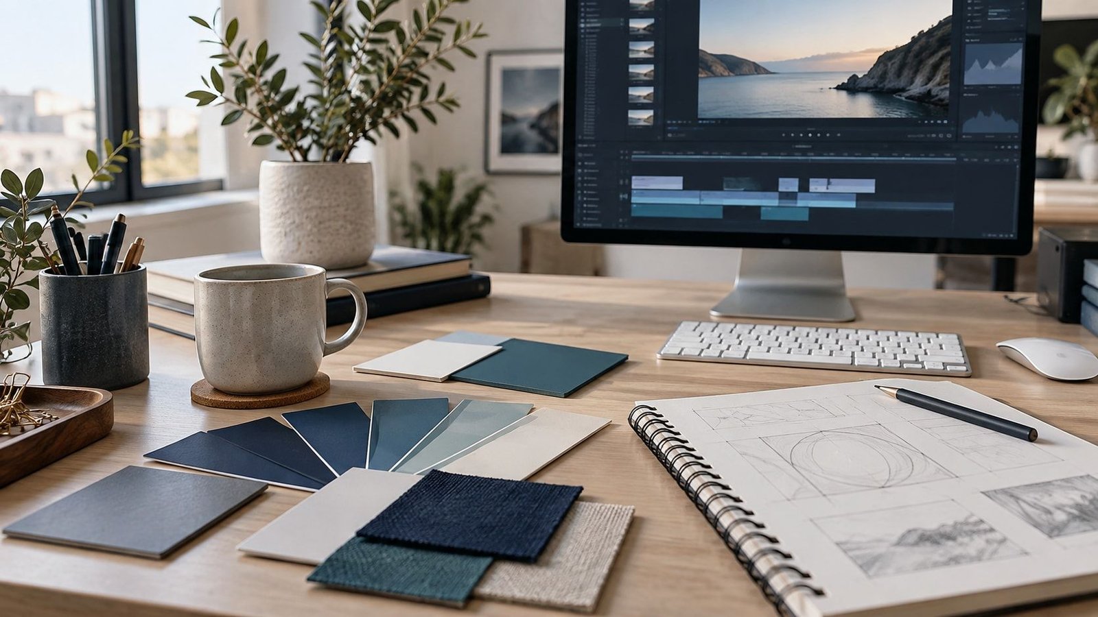 Blue and teal color swatches beside a video editing workspace