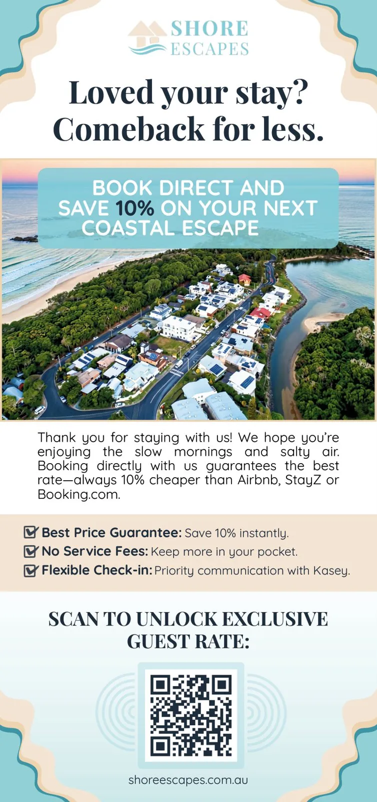Shore Escapes DL flyer: “Loved your stay? Come back for less”, with a book-direct offer and QR code