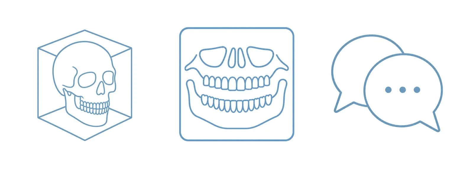 Three Gould service icons in blue line art: a skull in a cube, a jaw, and speech bubbles