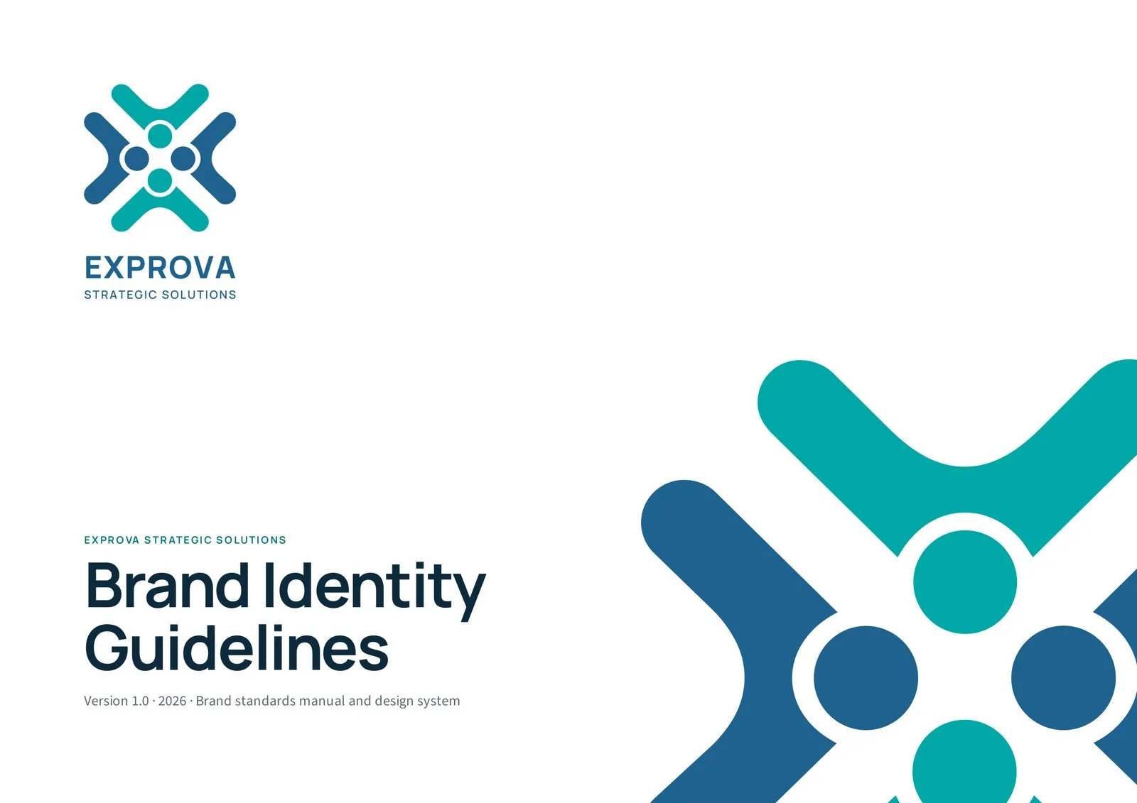 Cover of the Exprova Brand Identity Guidelines, version 1.0, with the logo and a cropped oversized symbol