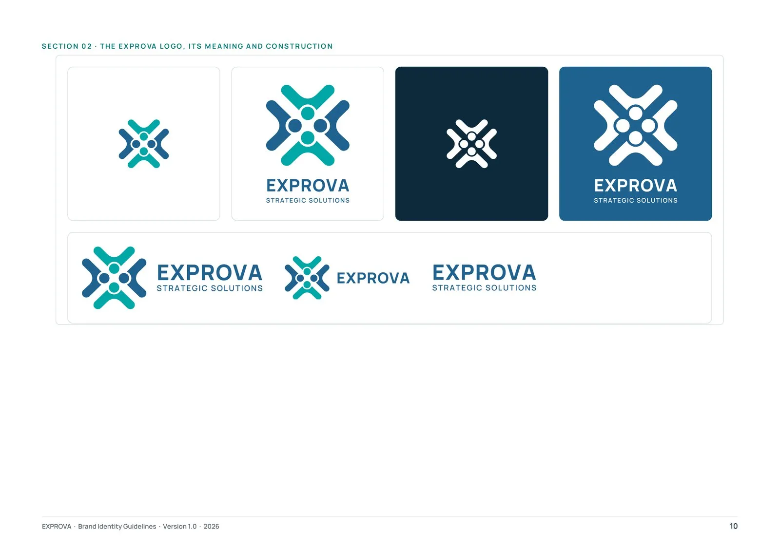 Guidelines page: the Exprova symbol, stacked logo and horizontal lockups on white, navy and blue