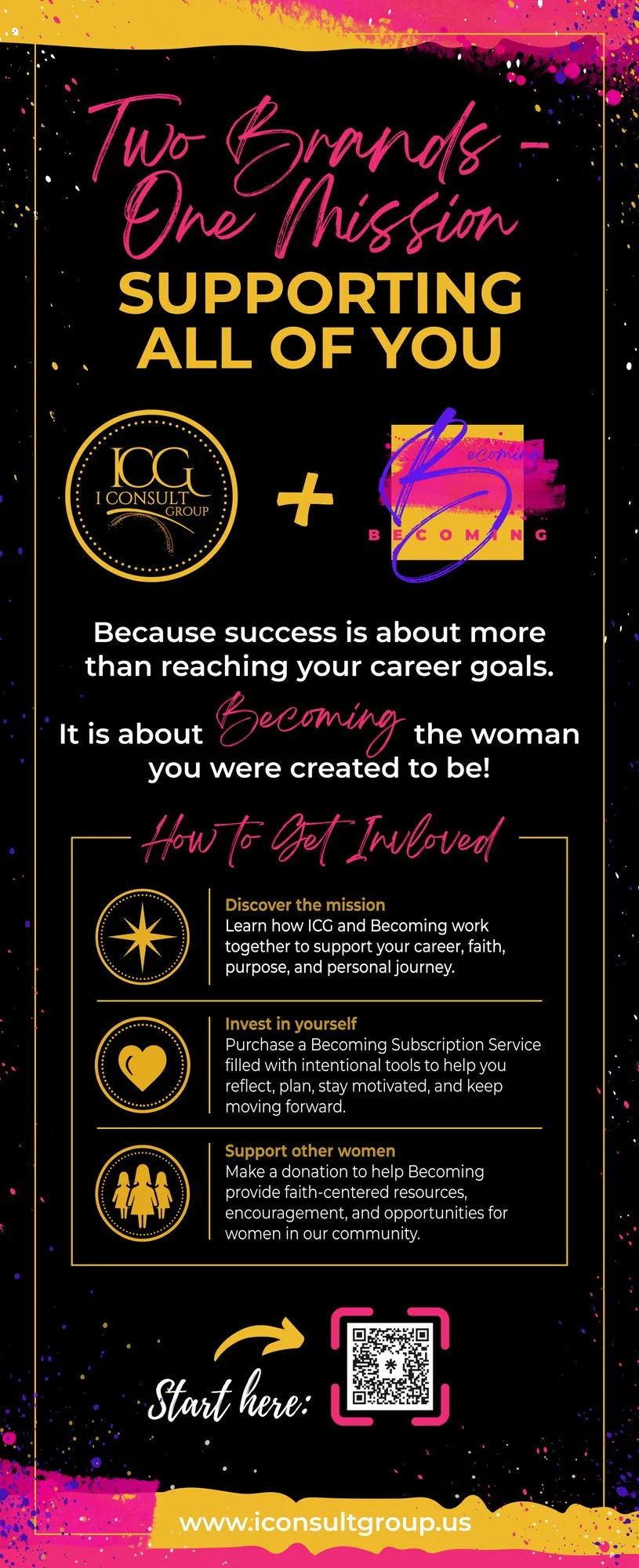 Retractable event banner for I Consult Group and Becoming, in black, gold and pink