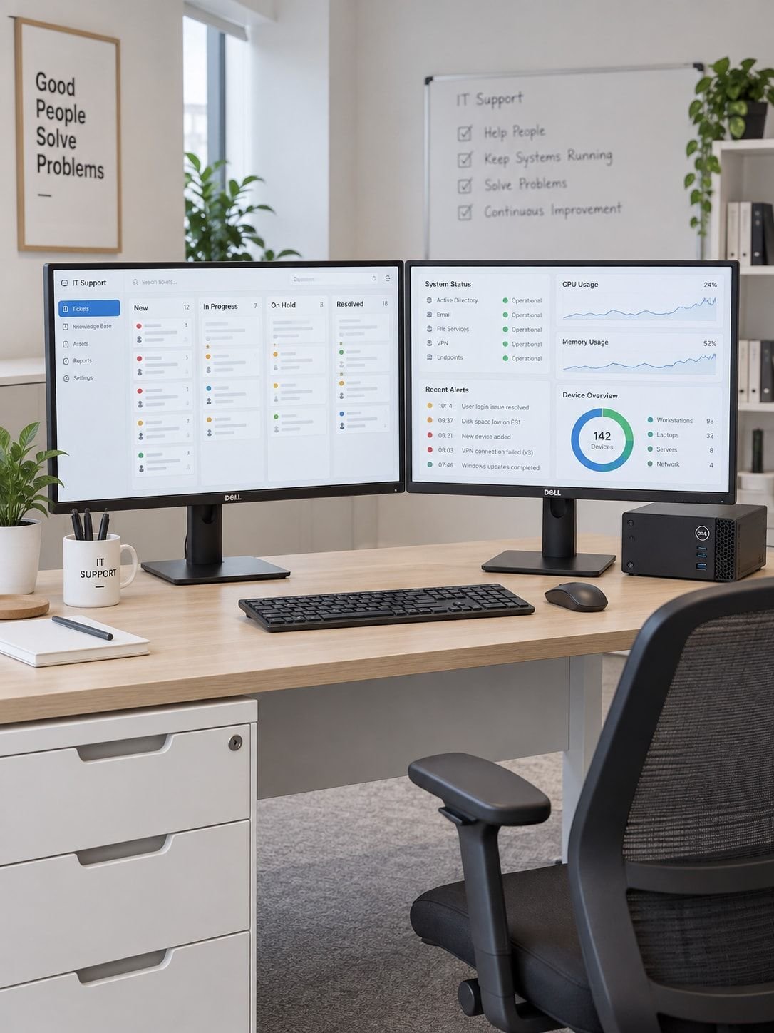 An organized IT workspace with two monitors and tidy cables