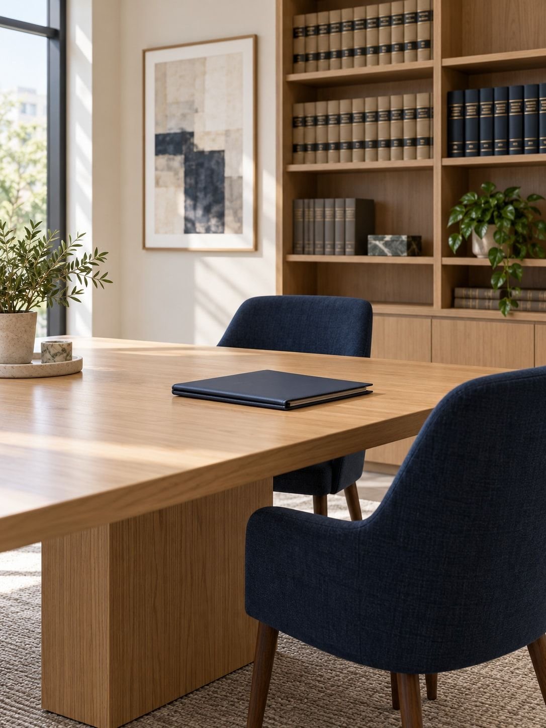 A calm law office meeting room with bookshelves and blue chairs