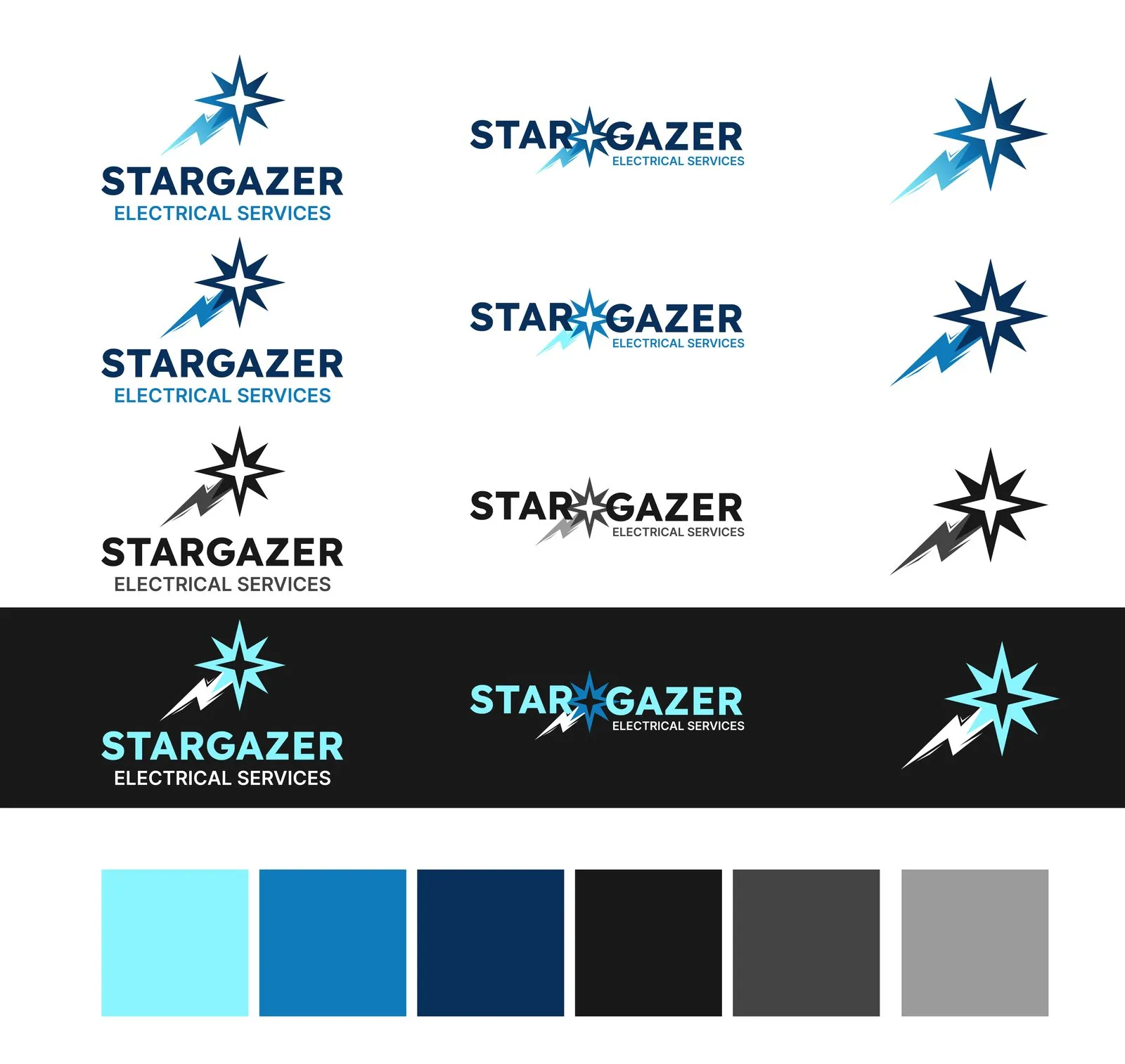 Stargazer Electrical Services logo system: stacked and horizontal logos, the star-and-lightning symbol in color, black and white, and the six-color palette