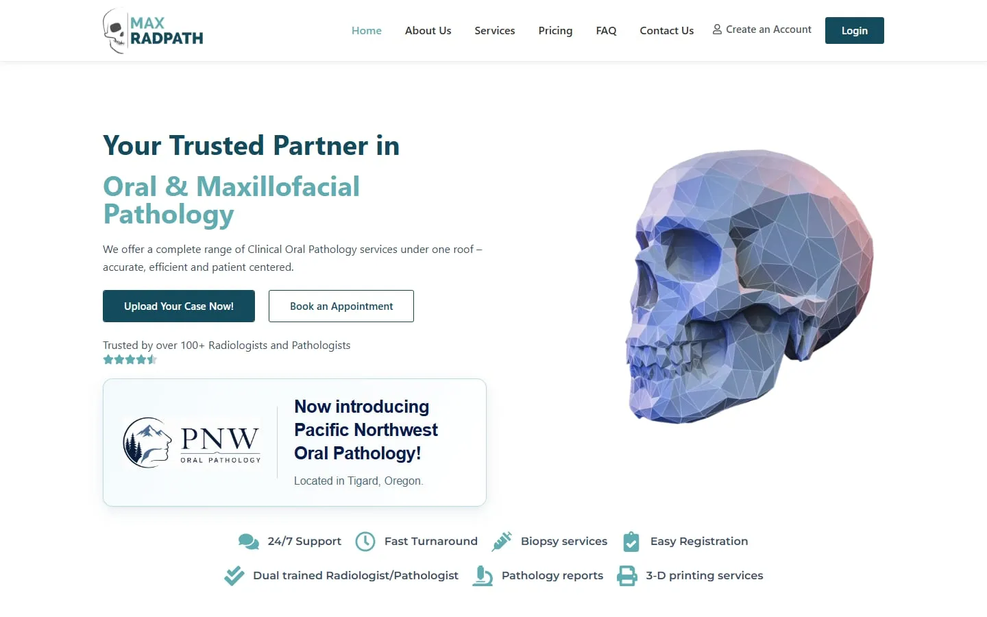The Max Radpath website homepage built by Exprova, with buttons to upload a case or book an appointment