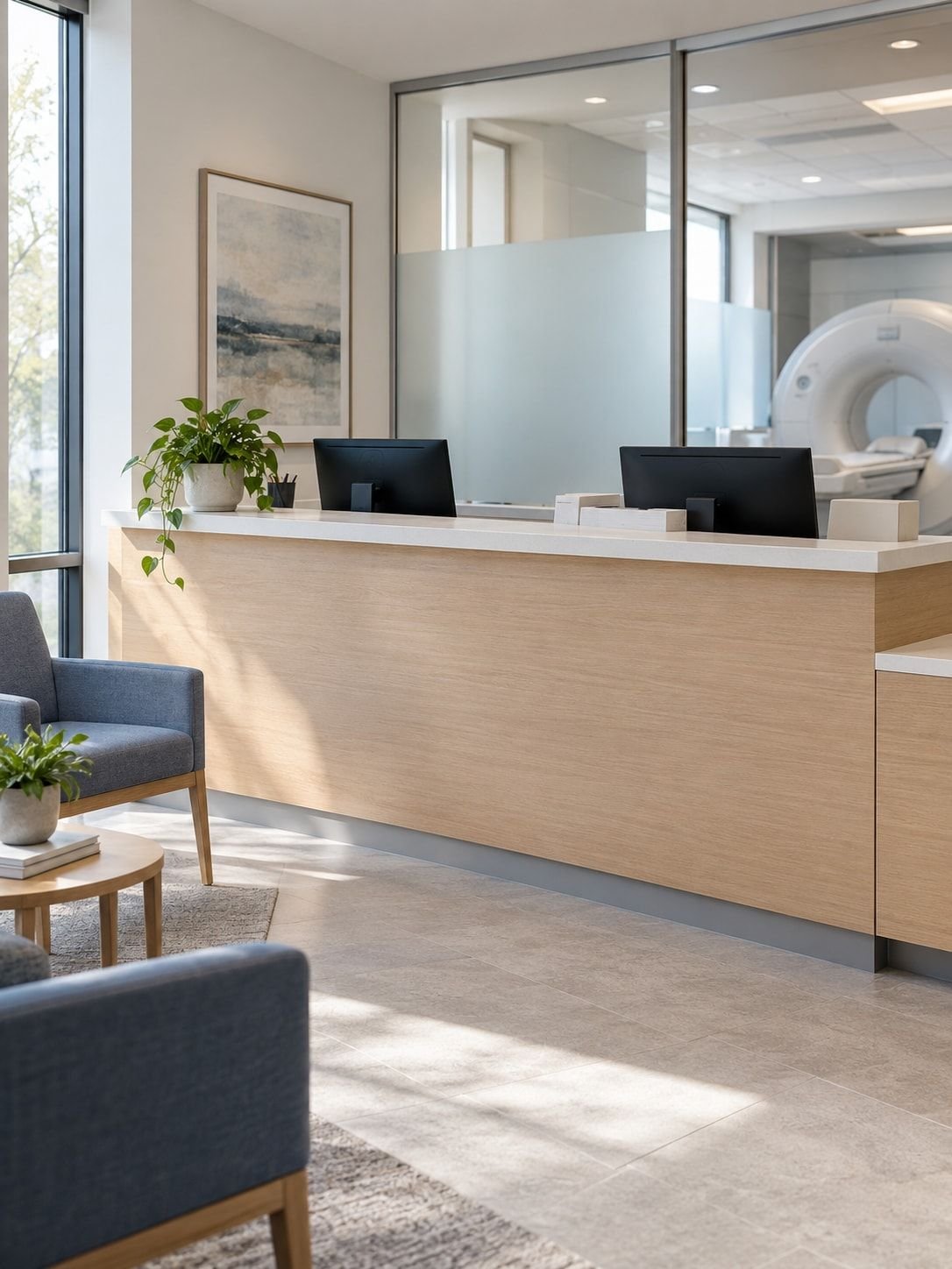 An unoccupied medical practice reception with frosted glass and a tidy desk