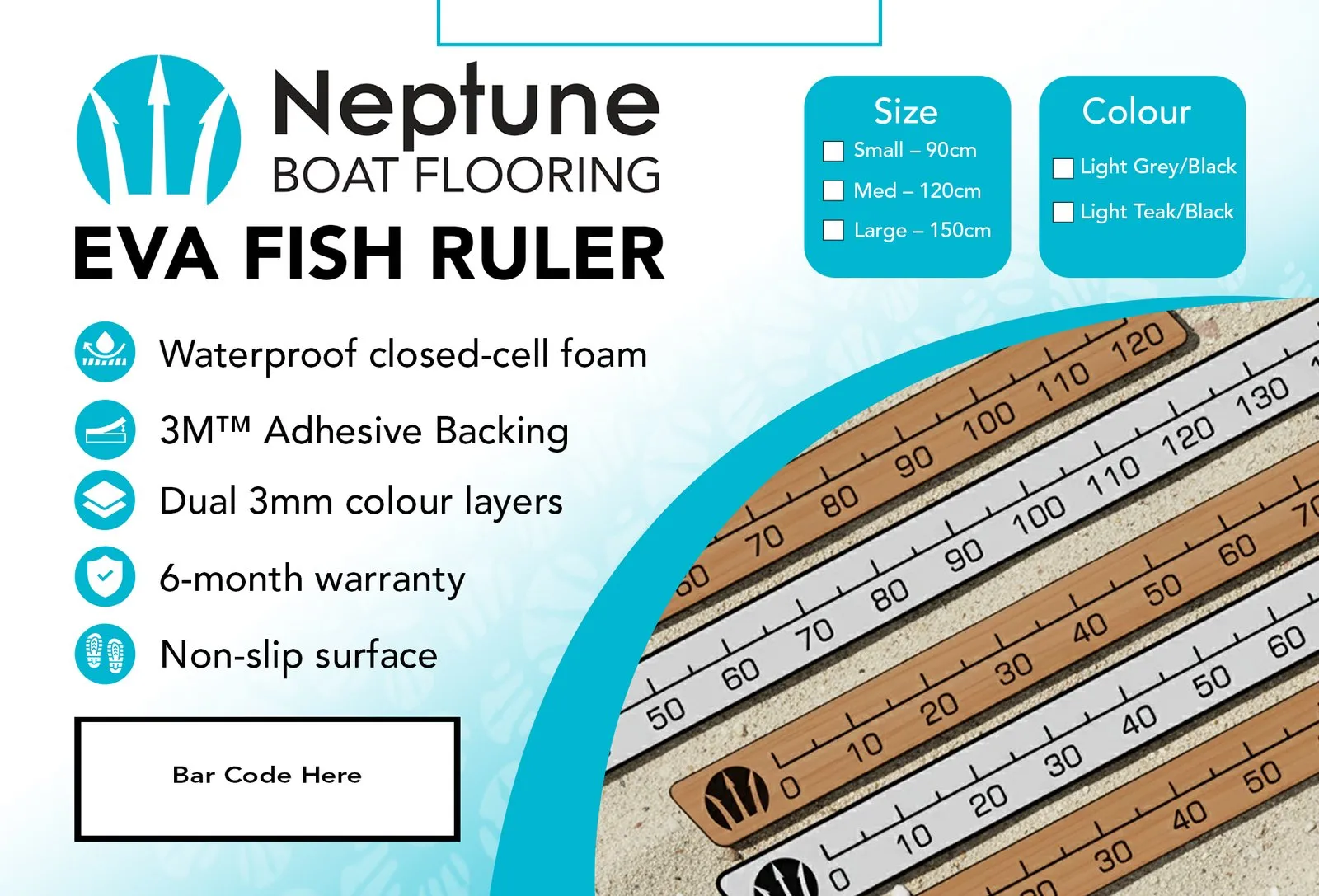Neptune packaging for the EVA fish ruler, listing sizes, colors and features