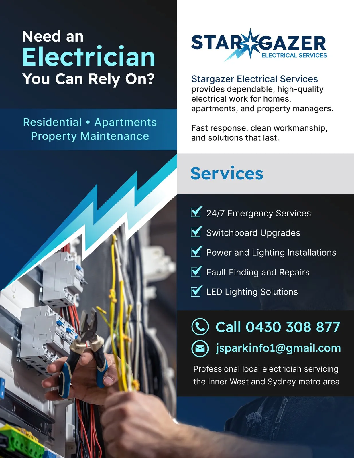 Stargazer pamphlet: “Need an electrician you can rely on?”, with services and contact details