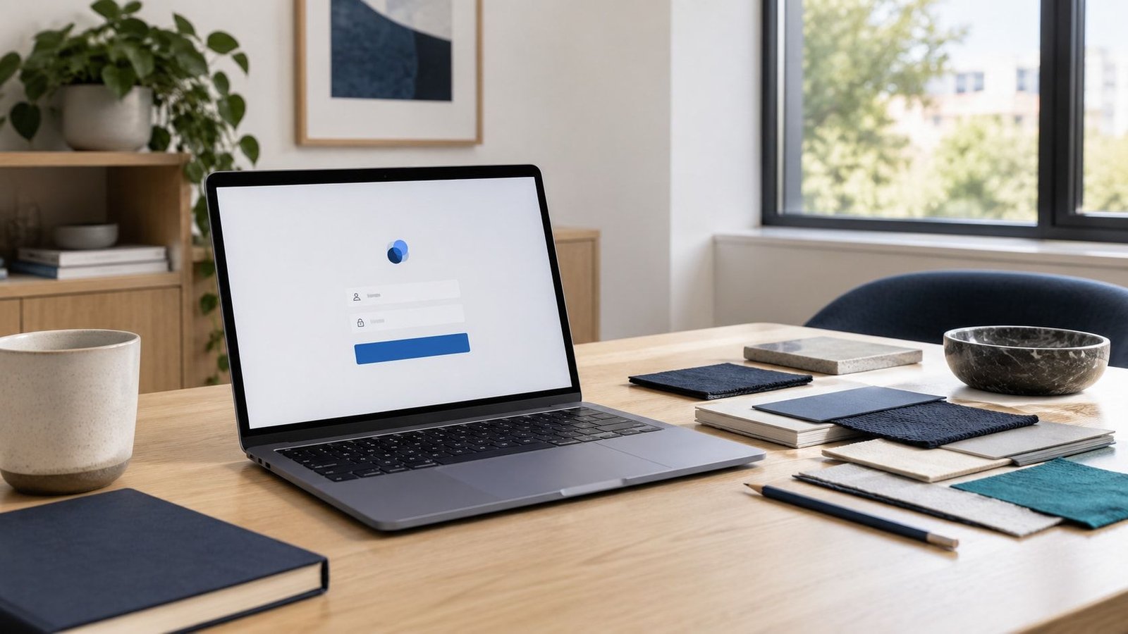 A laptop with a generic login layout beside blue and teal color swatches
