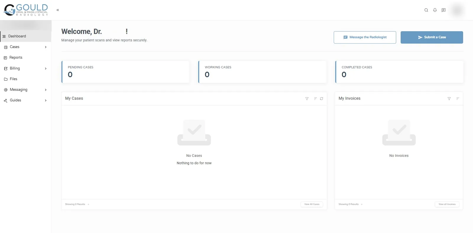 The Gould Radiology portal dashboard: pending, working and completed cases, with buttons to submit a case or message the radiologist