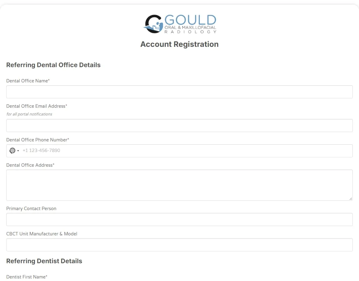 Gould portal account registration form for referring dental offices