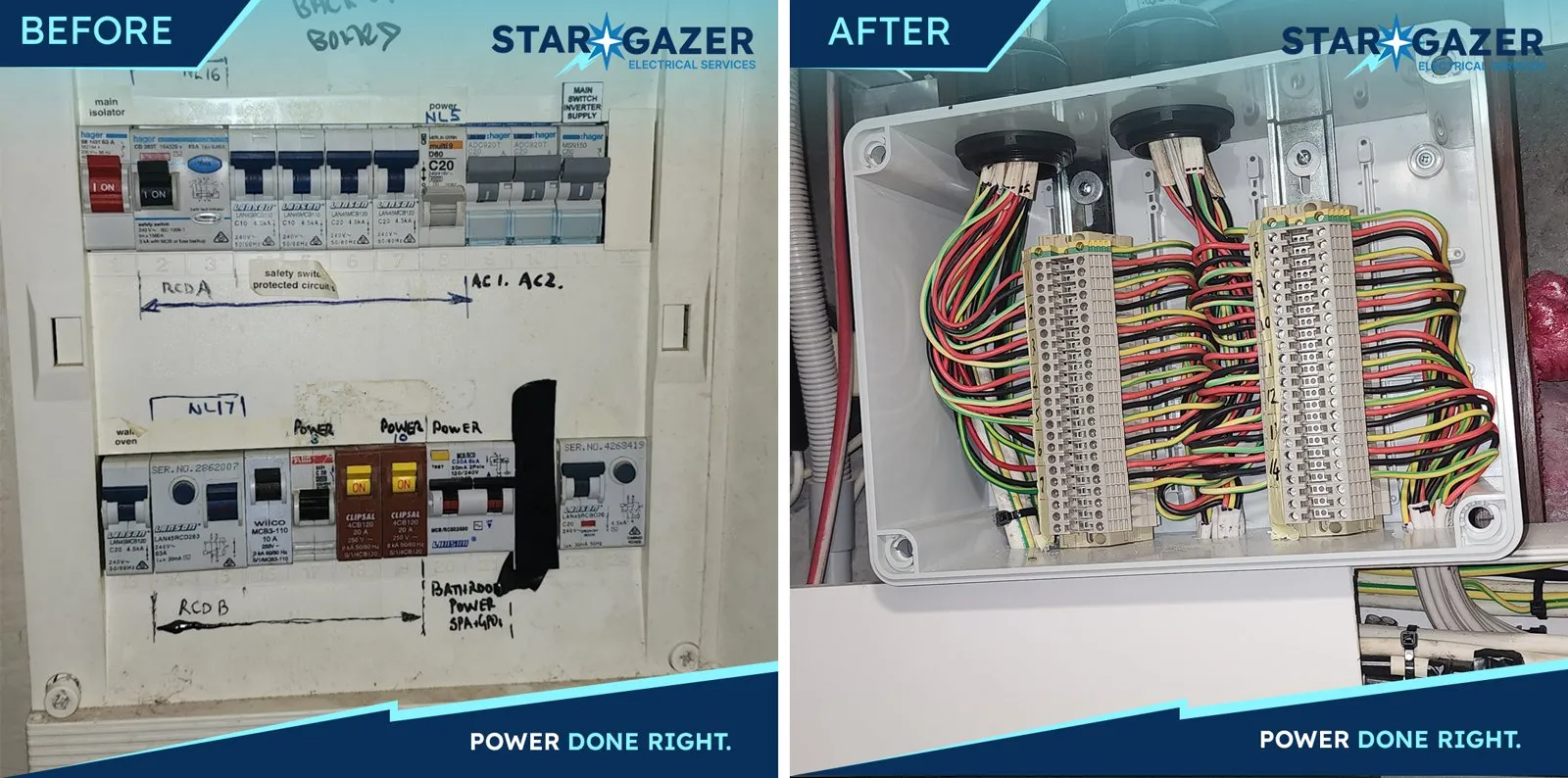 Stargazer before-and-after carousel: an old switchboard, then a neat new one