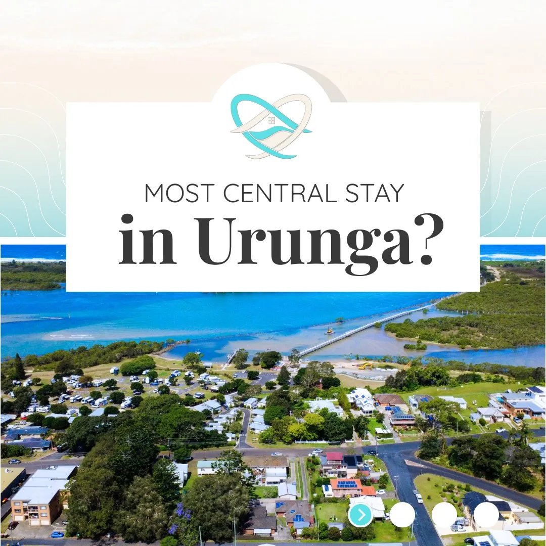 Heart of Urunga post: “Most central stay in Urunga?”, over an aerial photo of the town and river