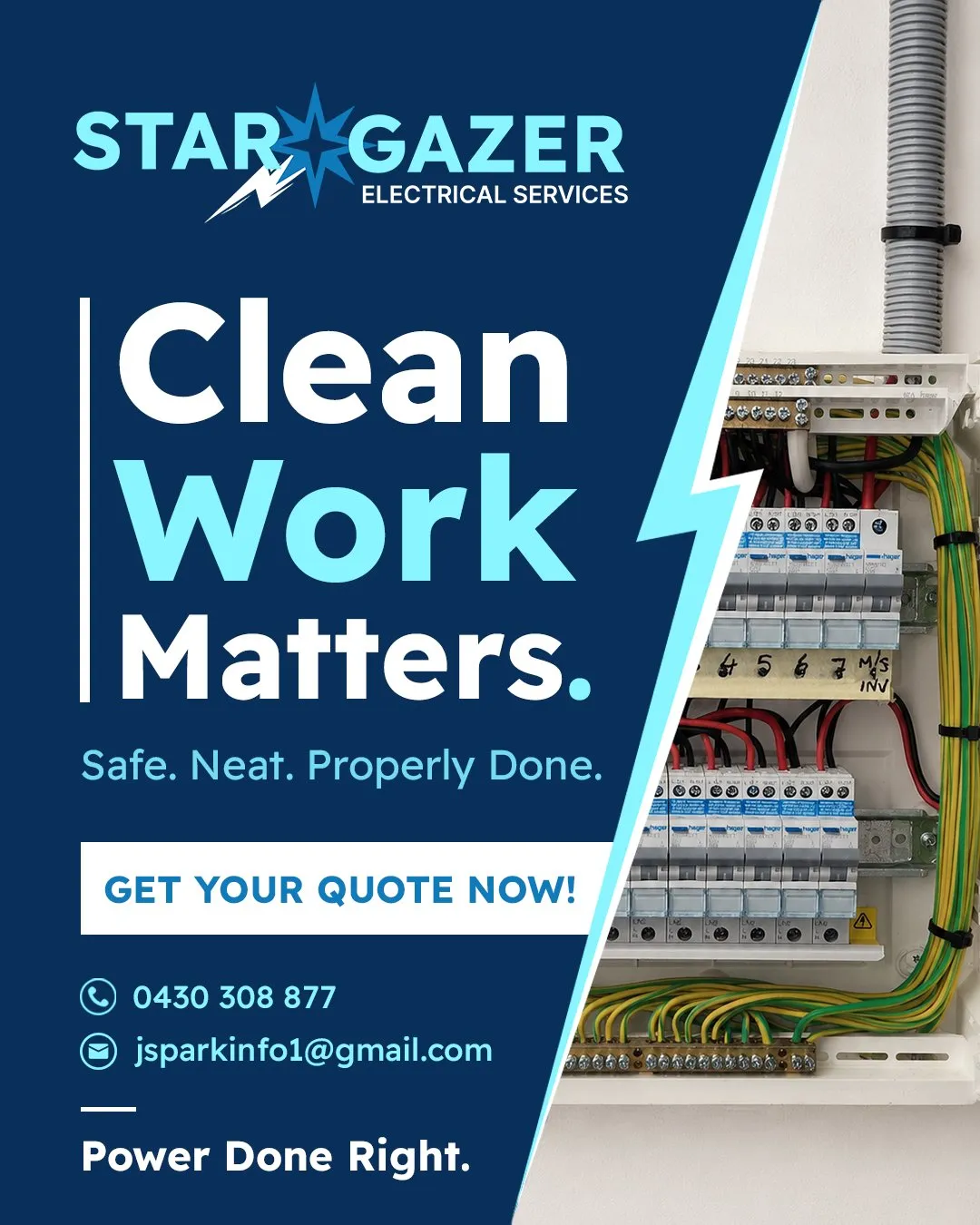 Stargazer post: “Clean work matters”, beside a tidy switchboard