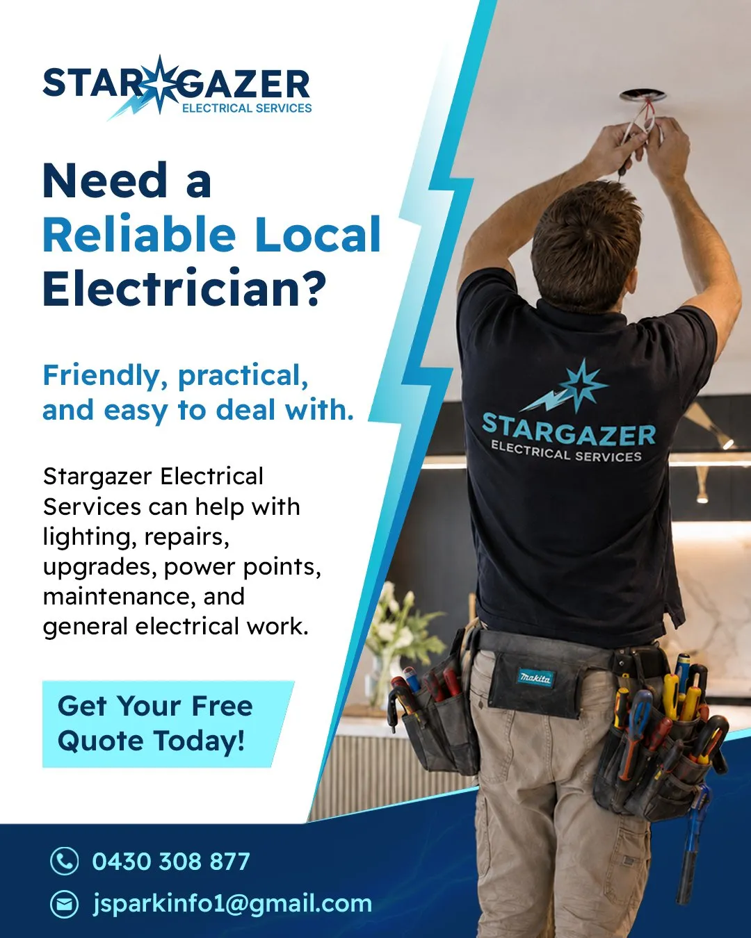 Stargazer post: “Need a reliable local electrician?”, with an electrician fitting a light