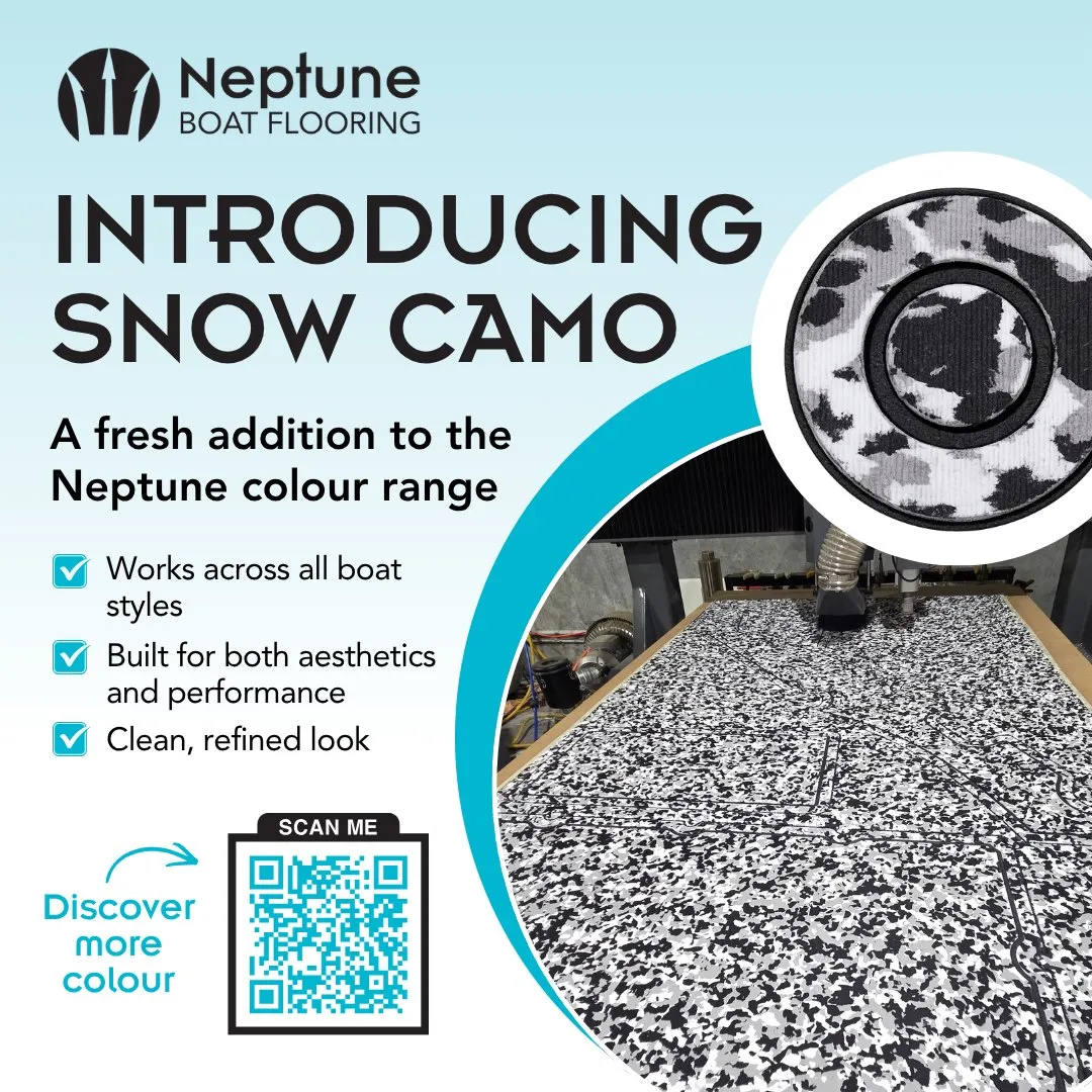 Neptune post: “Introducing Snow Camo”, a new flooring color, with a sample swatch and a CNC-cut sheet