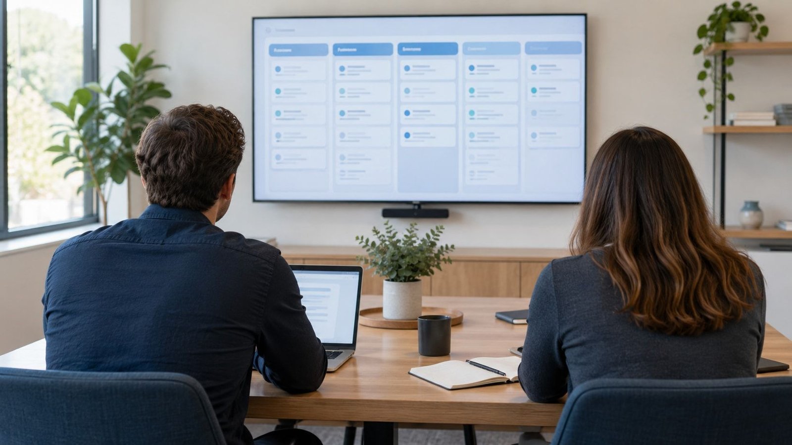 Illustrative scene of a project planning session viewed from behind