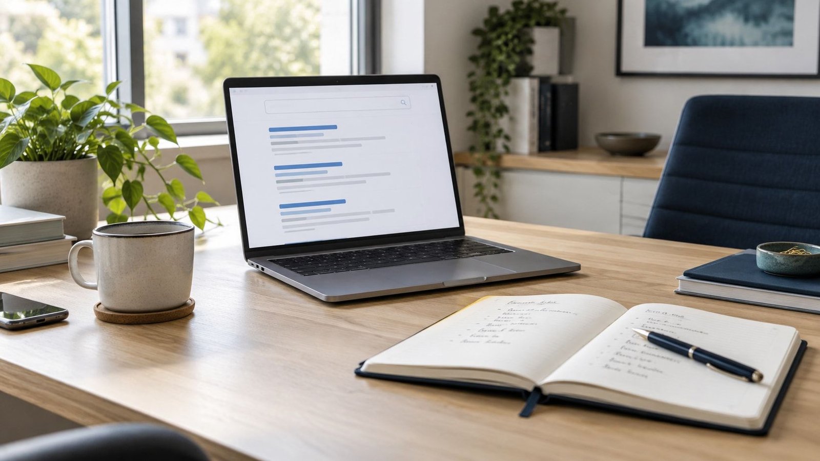 A laptop with generic search results and a keyword planning notebook