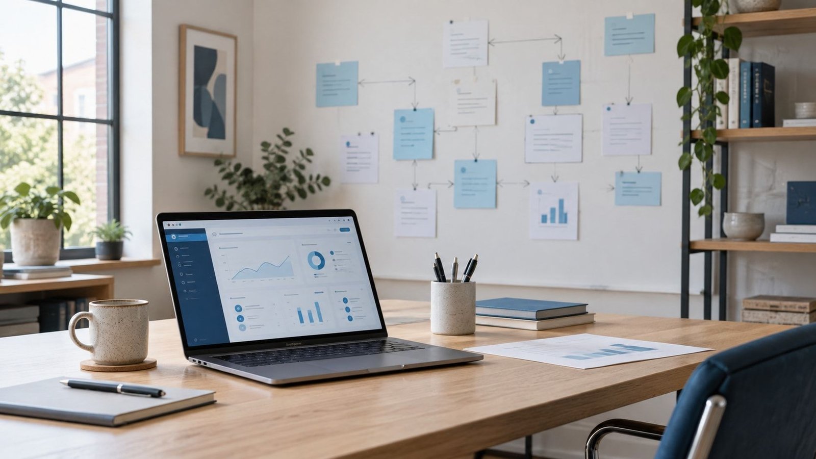 A laptop beside an organized process map on an office wall