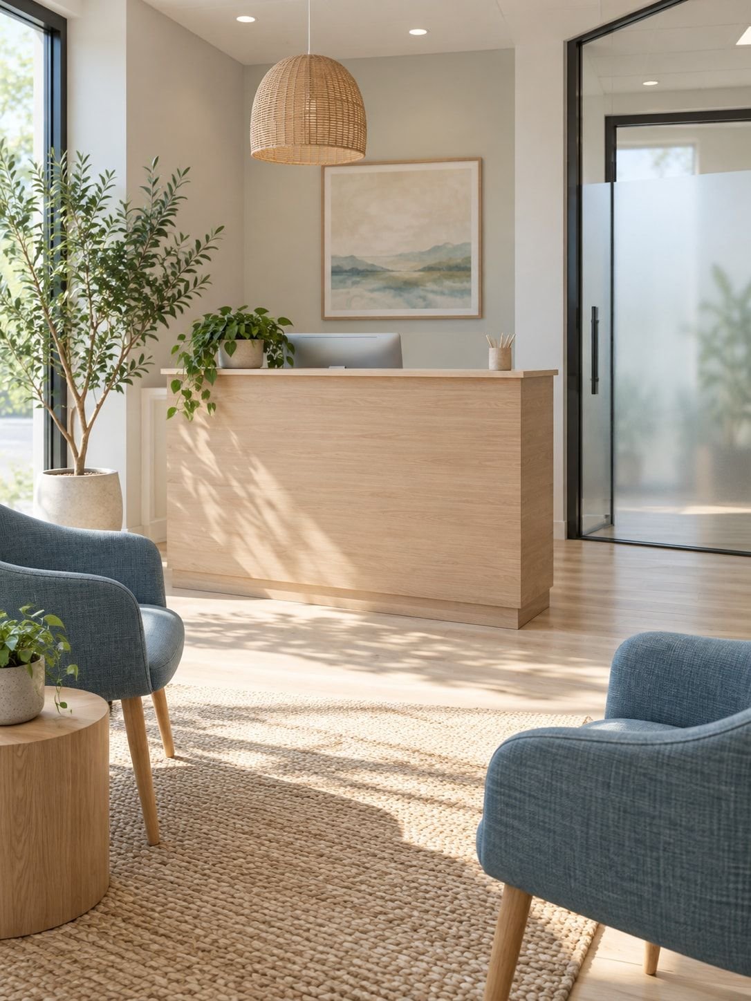 A naturally lit wellness reception with plants and blue seating
