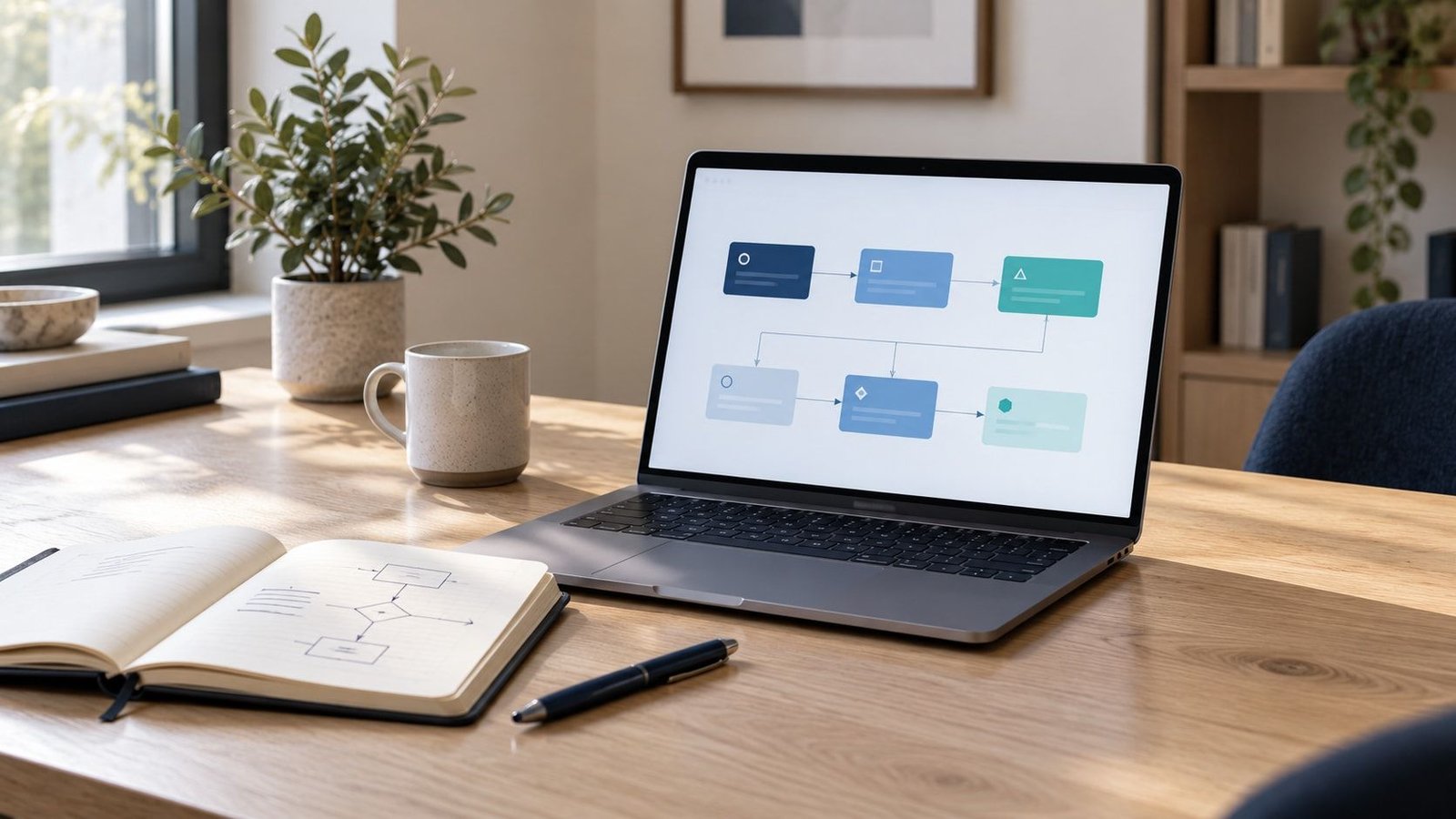 A laptop displaying a generic connected workflow diagram